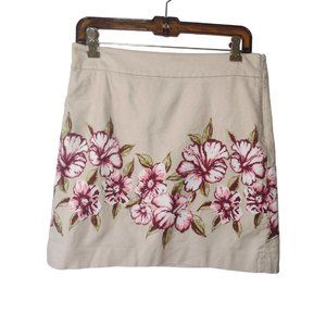 Loft Hibiscus Floral Above Knee Skirt Size 4 Stretch Lined Beige Pink Tropical